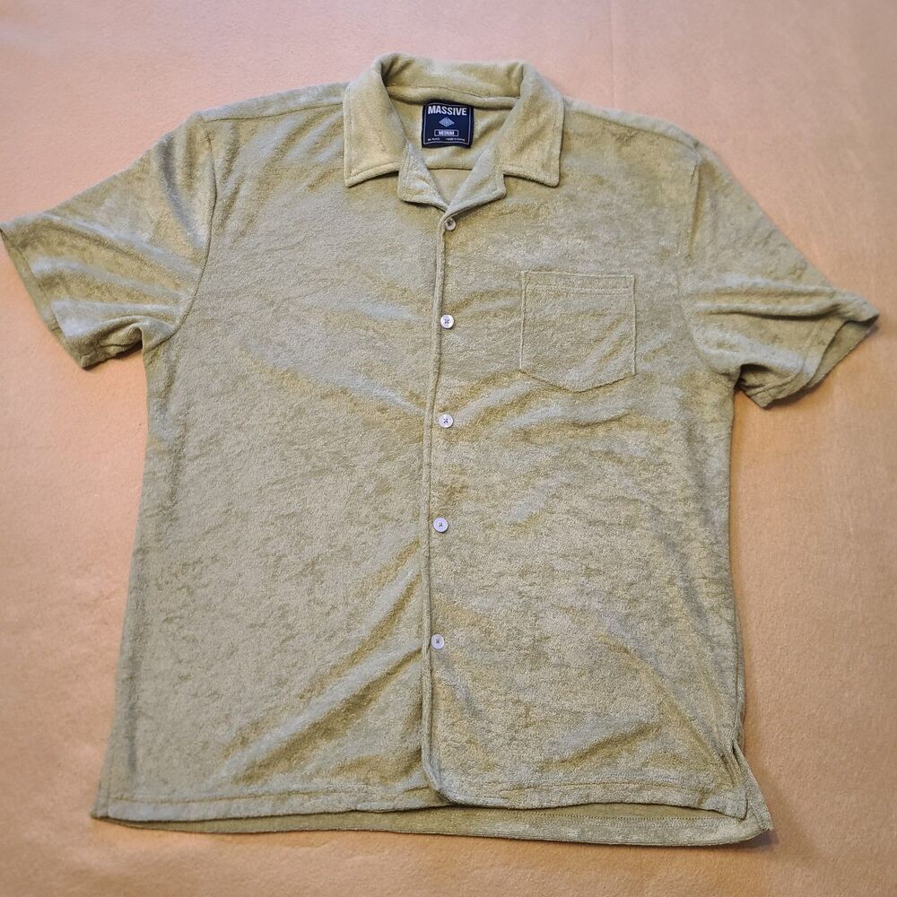 Super Massive Terry Cloth Shirt Mens MEDIUM Green Short Sleeve Button Up Retro